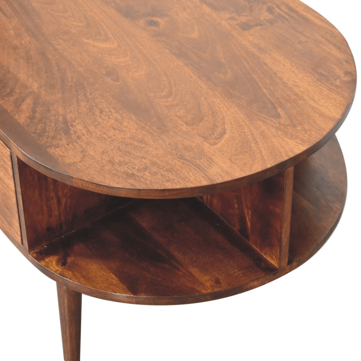 Artisan Furniture Solid Wood Chestnut Oval Coffee Table, 1 Drawer and 2 Open Slots, Dark Brown | Luxury Home Accessories | Heulog Glow