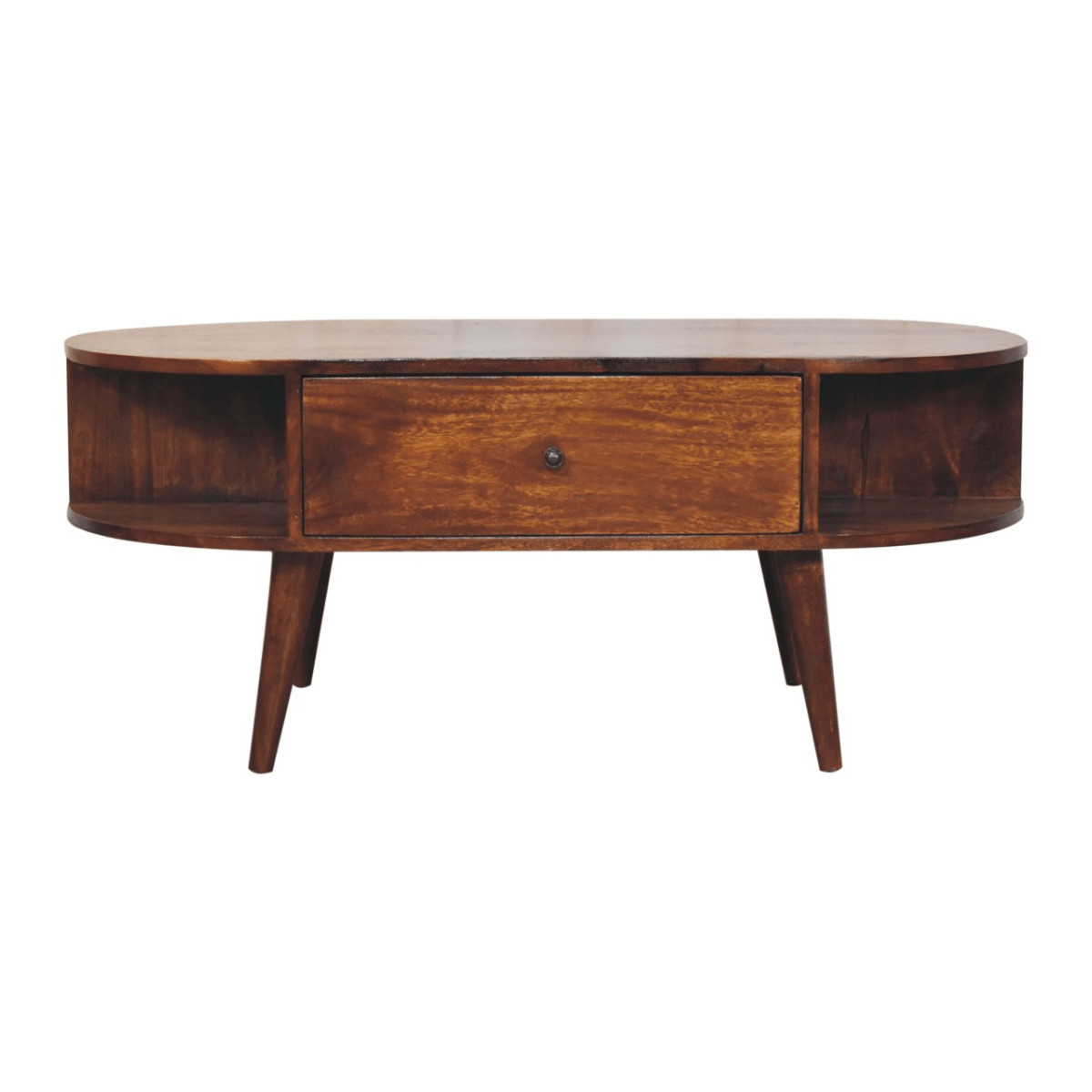 Artisan Furniture Solid Wood Chestnut Oval Coffee Table, 1 Drawer and 2 Open Slots, Dark Brown | Luxury Home Accessories | Heulog Glow