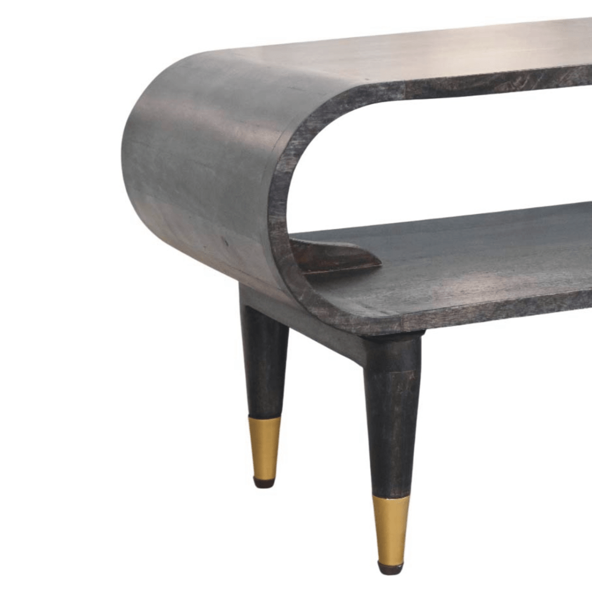 Artisan Furniture Solid Wood Curved Edge Media with Brass Accents, 1 Open Slot, Dark Brown | Luxury Home Accessories | Heulog Glow