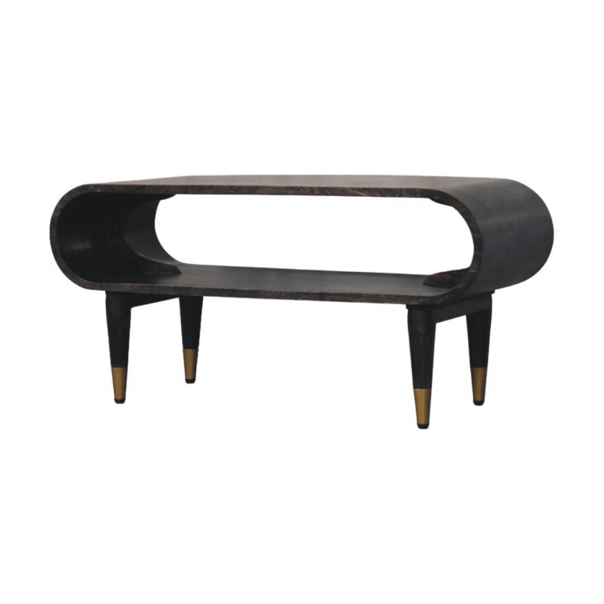 Artisan Furniture Solid Wood Curved Edge Media with Brass Accents, 1 Open Slot, Dark Brown | Luxury Home Accessories | Heulog Glow