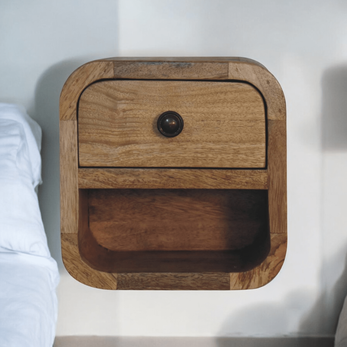 Artisan Furniture Solid Wood Extra Mini Curved Oak-ish Bedside with Open Slot | Luxury Home Accessories | Heulog Glow