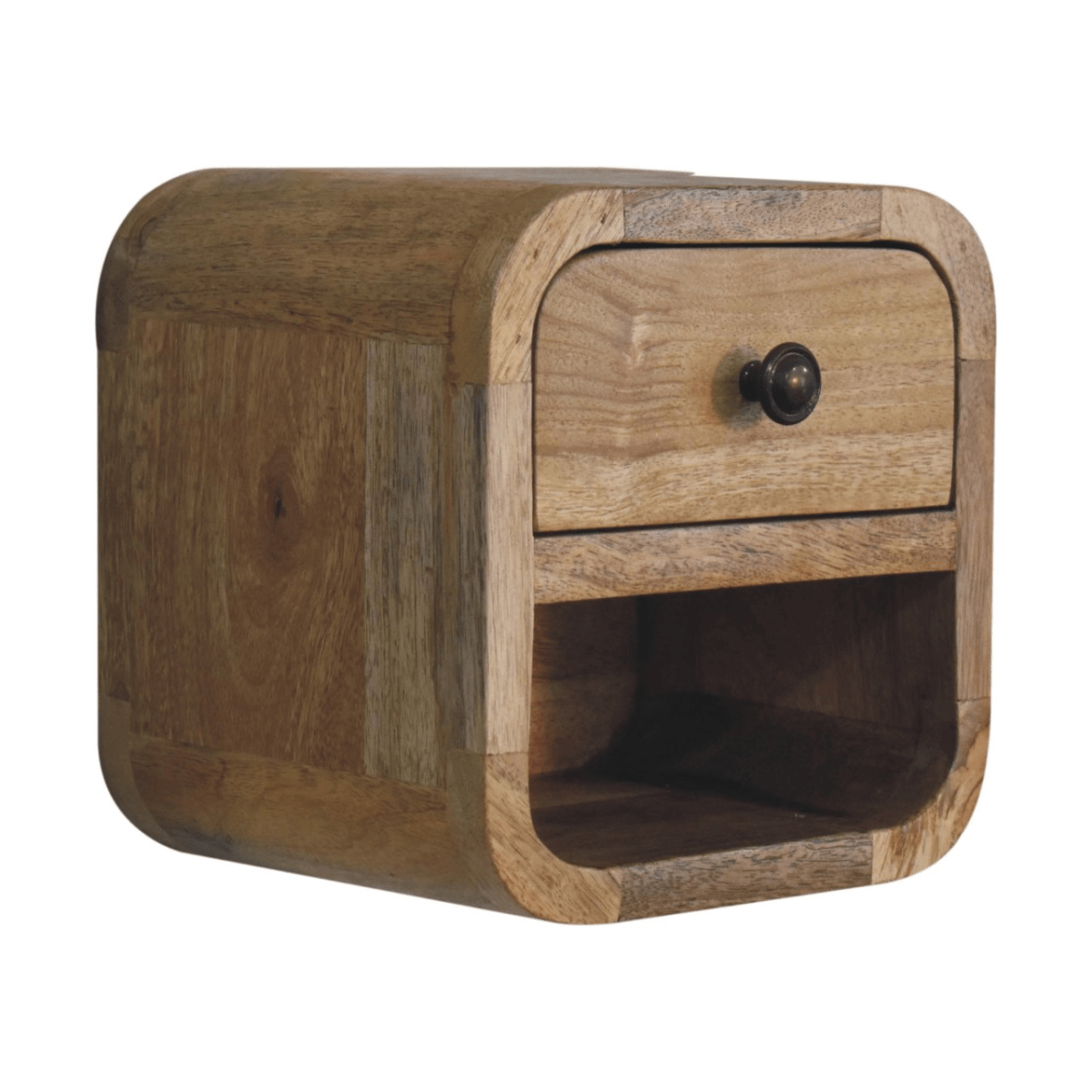 Artisan Furniture Solid Wood Extra Mini Curved Oak-ish Bedside with Open Slot | Luxury Home Accessories | Heulog Glow