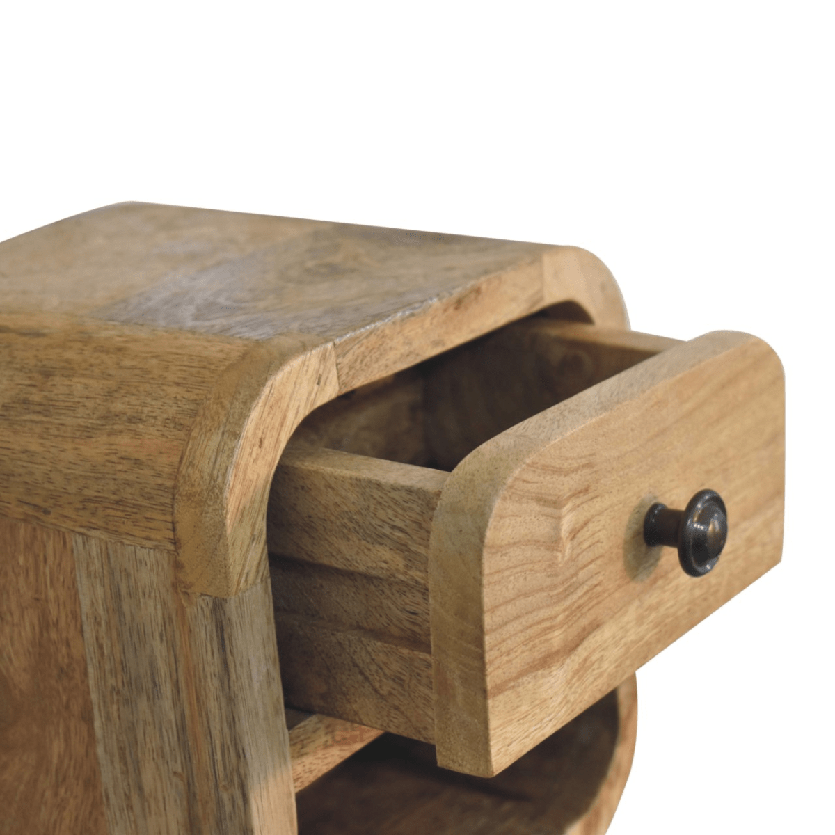 Artisan Furniture Solid Wood Extra Mini Curved Oak-ish Bedside with Open Slot | Luxury Home Accessories | Heulog Glow