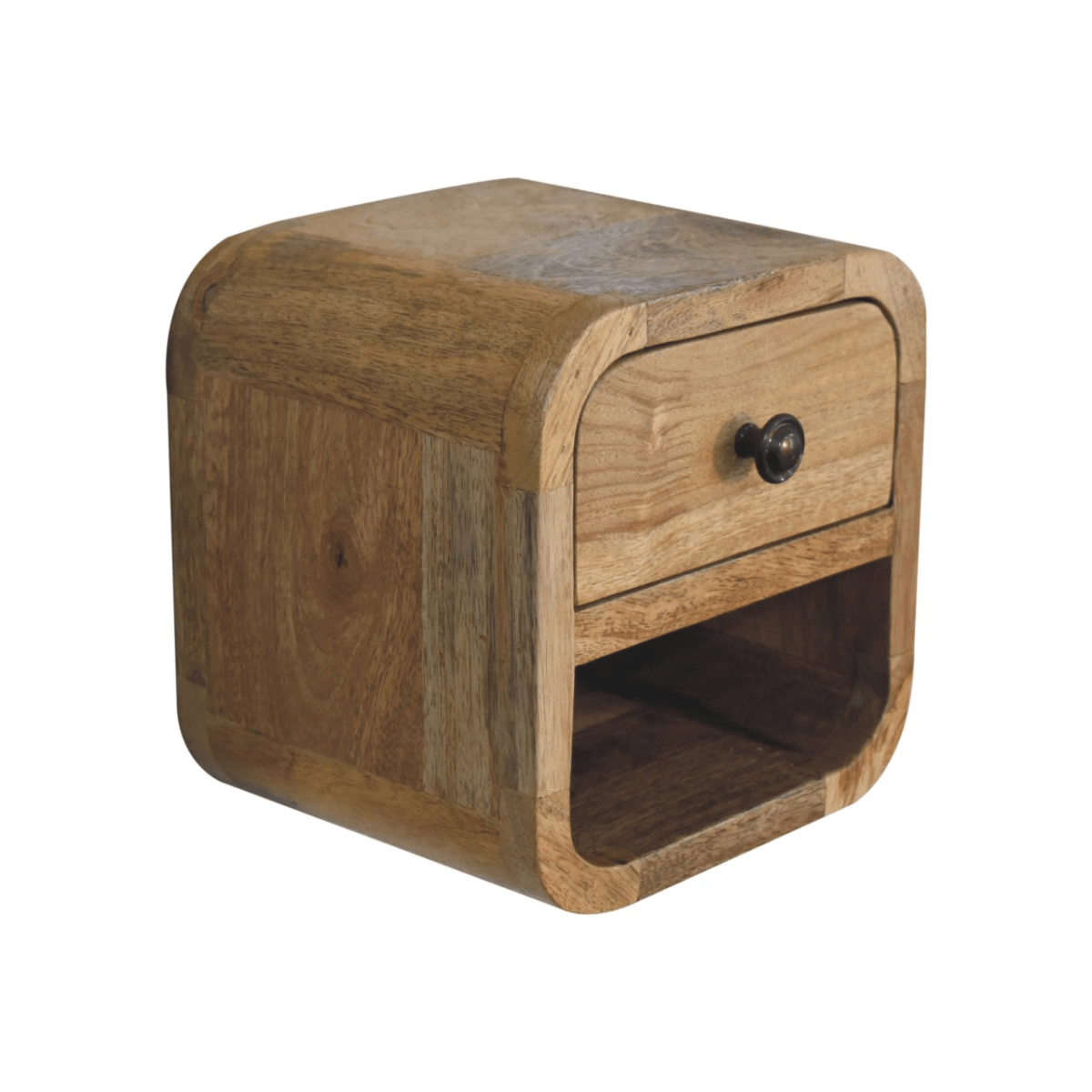 Artisan Furniture Solid Wood Extra Mini Curved Oak-ish Bedside with Open Slot | Luxury Home Accessories | Heulog Glow