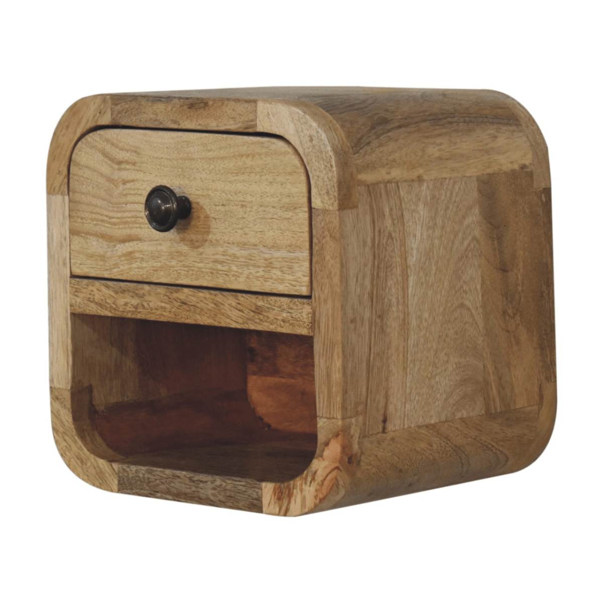 Artisan Furniture Solid Wood Extra Mini Curved Oak-ish Bedside with Open Slot | Luxury Home Accessories | Heulog Glow