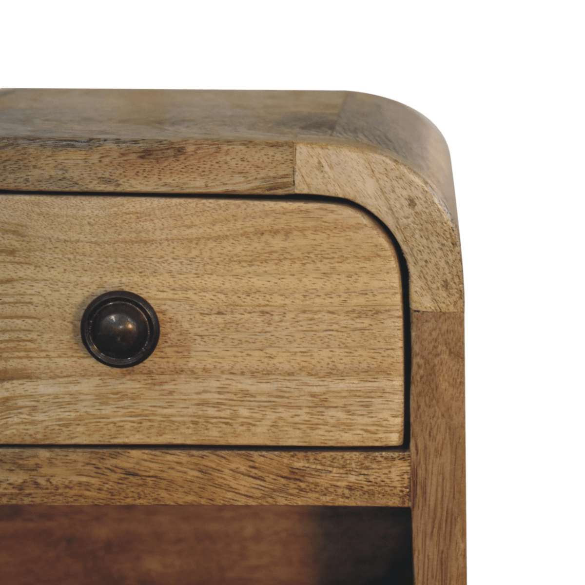 Artisan Furniture Solid Wood Extra Mini Curved Oak-ish Bedside with Open Slot | Luxury Home Accessories | Heulog Glow