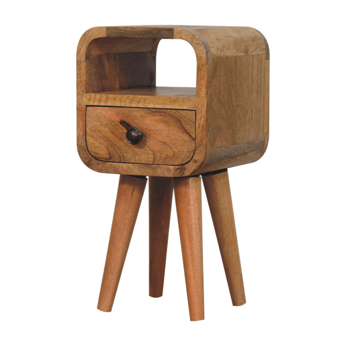 Artisan Furniture Solid Wood Extra Mini Oakish Curve Open Slot Bedside, 1 Drawer, Brown | Luxury Home Accessories | Heulog Glow