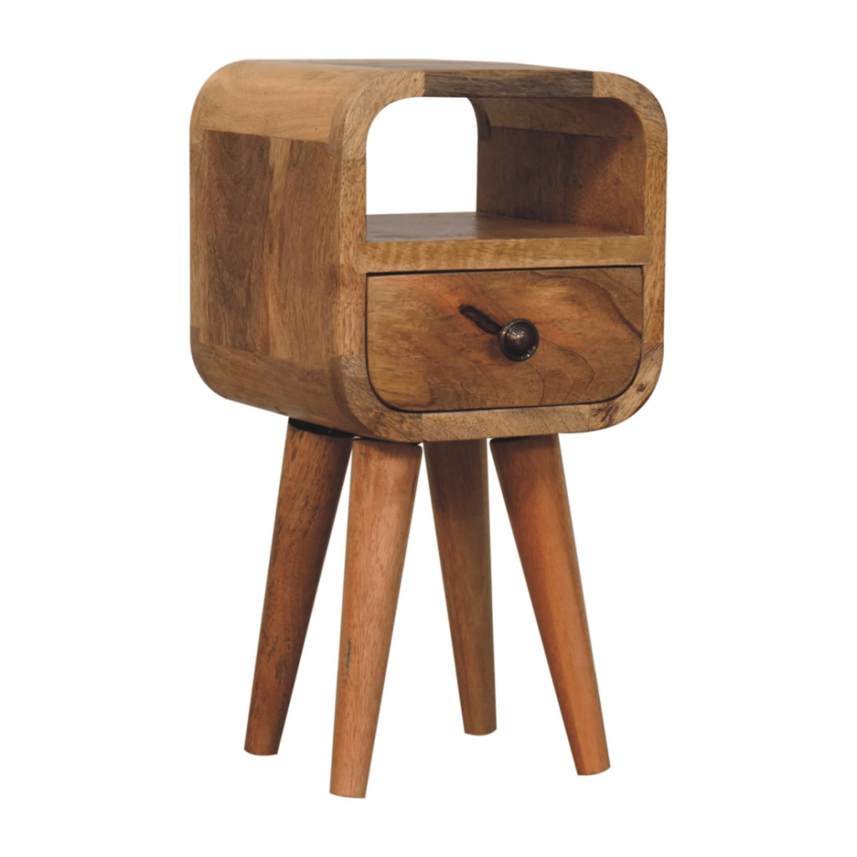 Artisan Furniture Solid Wood Extra Mini Oakish Curve Open Slot Bedside, 1 Drawer, Brown | Luxury Home Accessories | Heulog Glow