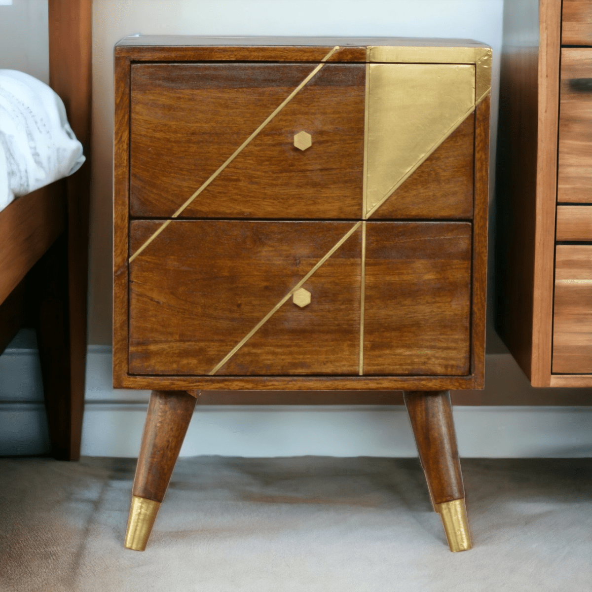 Artisan Furniture Solid Wood Gold Geometric Chestnut Bedside | Luxury Home Accessories | Heulog Glow
