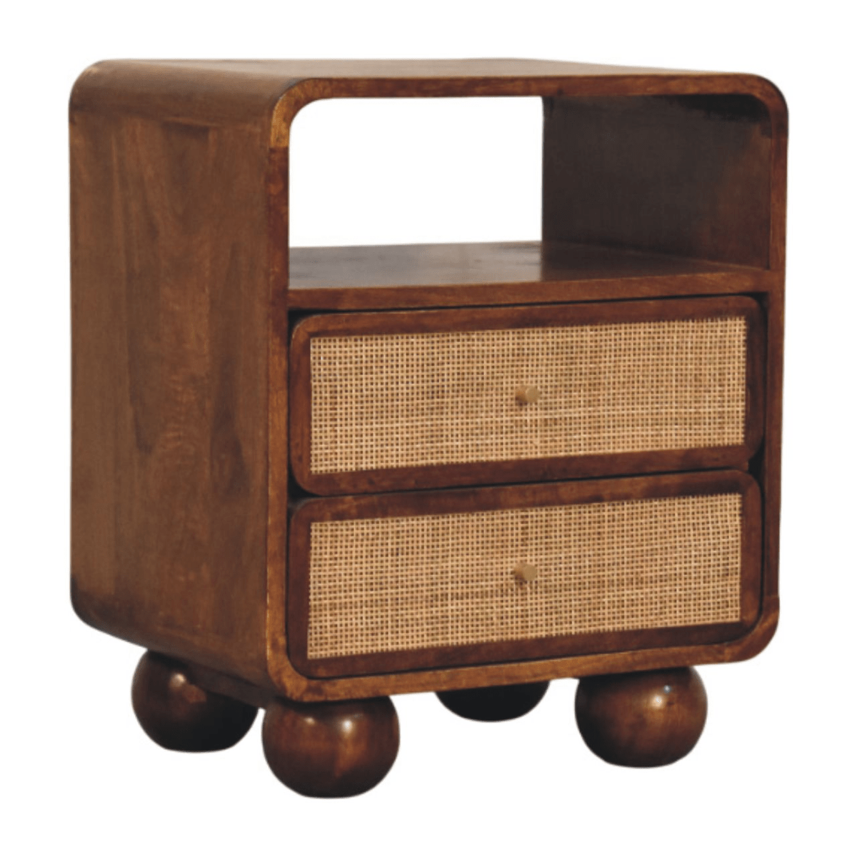 Artisan Furniture Solid Wood Larissa 2 Drawer Chestnut Nightstand, 1 Open Slot, Dark Brown | Luxury Home Accessories | Heulog Glow