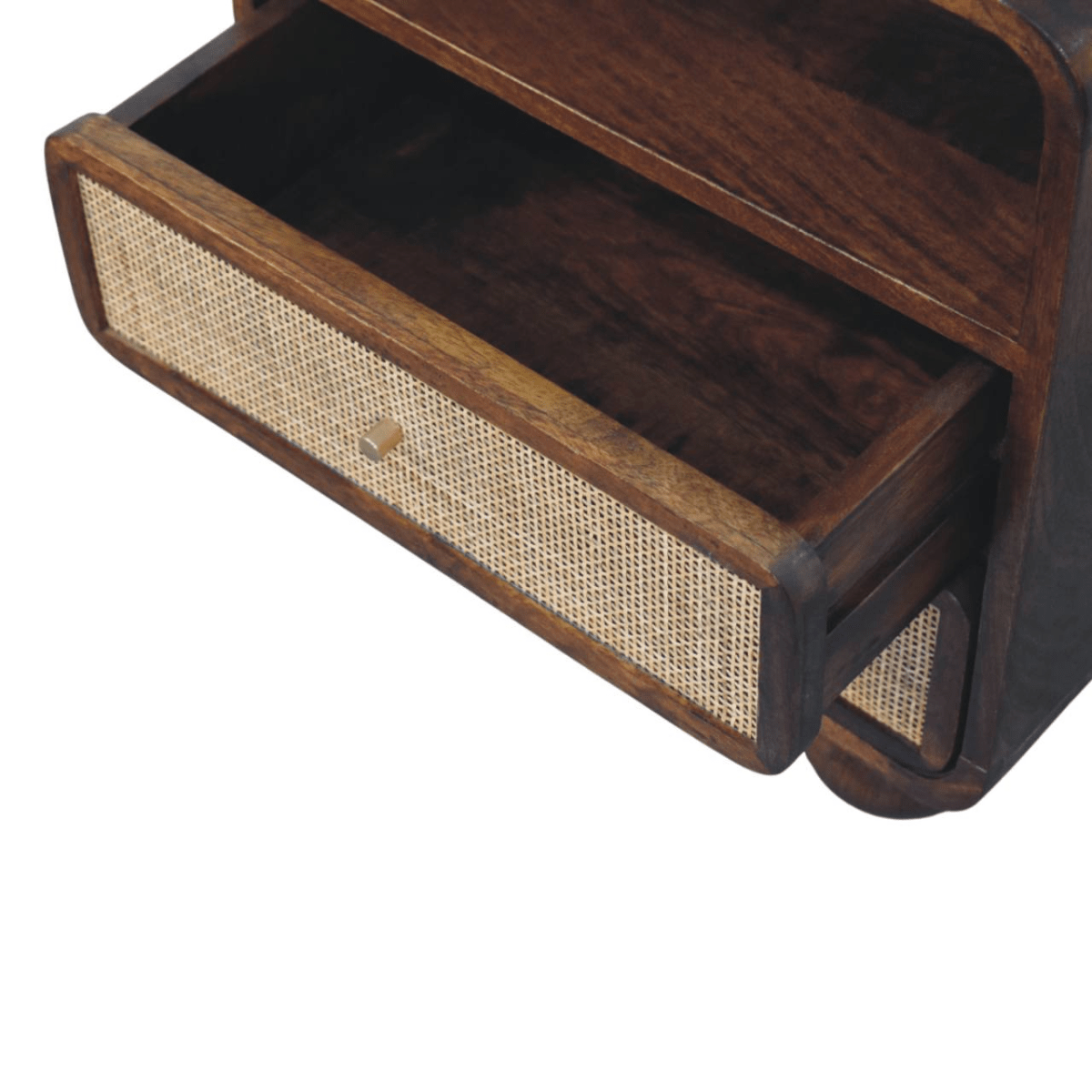 Artisan Furniture Solid Wood Larissa 2 Drawer Chestnut Nightstand, 1 Open Slot, Dark Brown | Luxury Home Accessories | Heulog Glow
