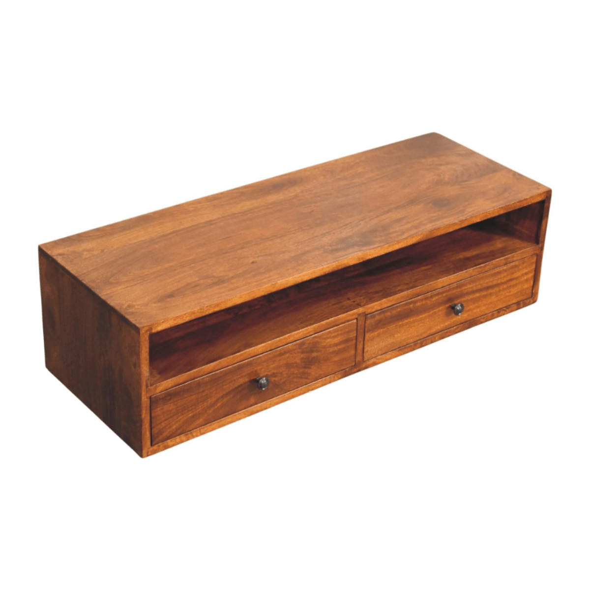 Artisan Furniture Solid Wood Lunar Chestnut Wall Mounted Media Unit, 2 Drawers and Open Shelf, Dark Brown | Luxury Home Accessories | Heulog Glow