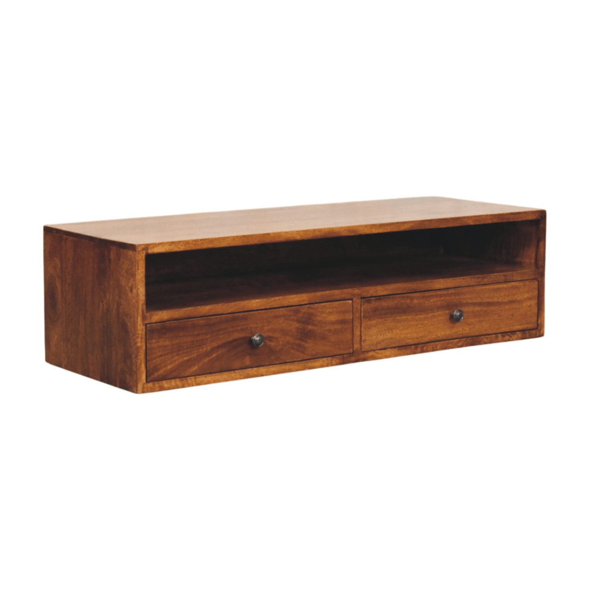 Artisan Furniture Solid Wood Lunar Chestnut Wall Mounted Media Unit, 2 Drawers and Open Shelf, Dark Brown | Luxury Home Accessories | Heulog Glow