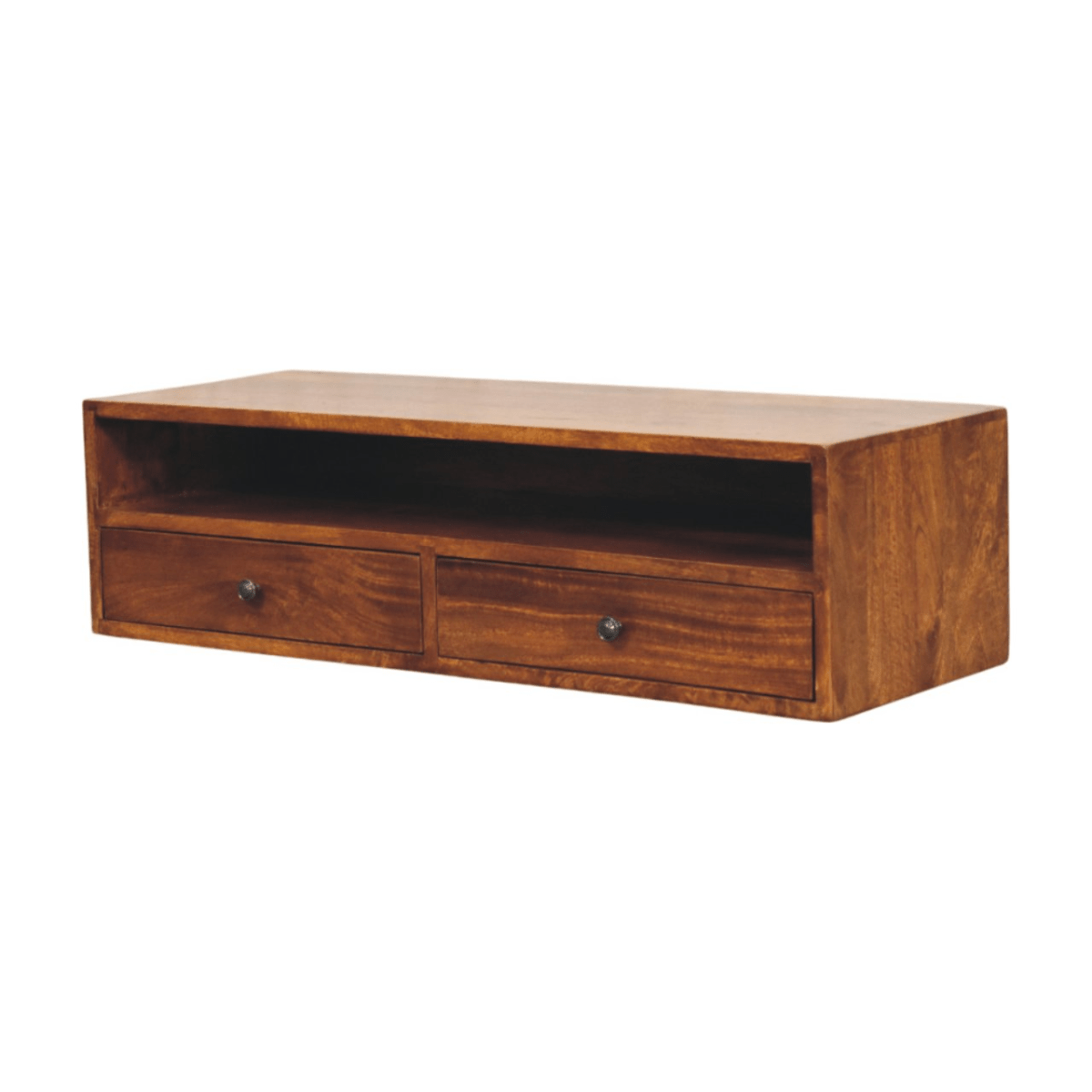 Artisan Furniture Solid Wood Lunar Chestnut Wall Mounted Media Unit, 2 Drawers and Open Shelf, Dark Brown | Luxury Home Accessories | Heulog Glow