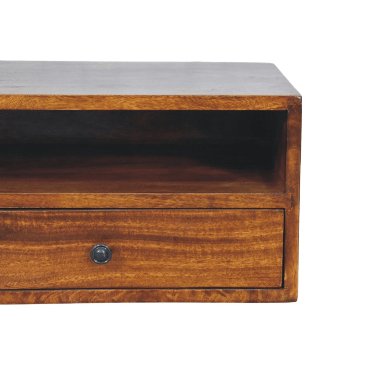 Artisan Furniture Solid Wood Lunar Chestnut Wall Mounted Media Unit, 2 Drawers and Open Shelf, Dark Brown | Luxury Home Accessories | Heulog Glow