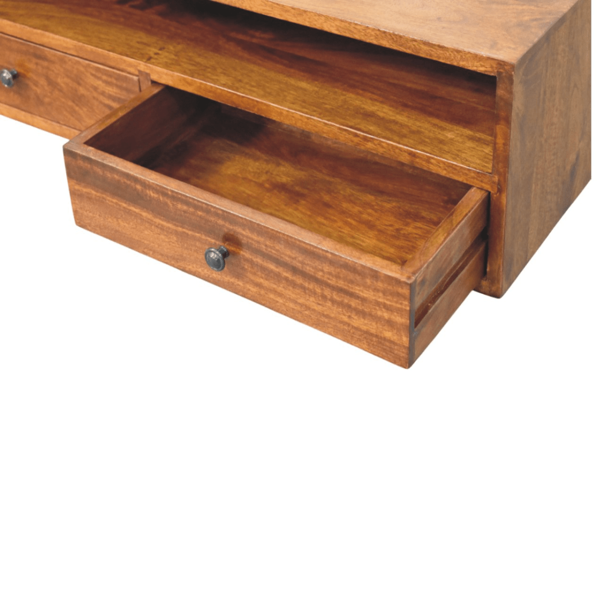 Artisan Furniture Solid Wood Lunar Chestnut Wall Mounted Media Unit, 2 Drawers and Open Shelf, Dark Brown | Luxury Home Accessories | Heulog Glow