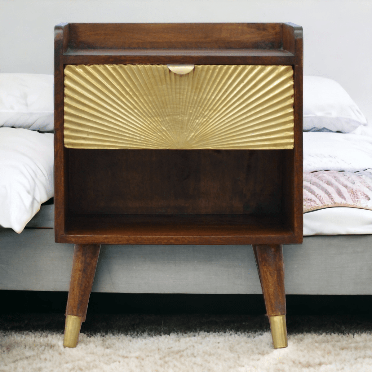 Artisan Furniture Solid Wood Manila Gold One Drawer Bedside | Luxury Home Accessories | Heulog Glow