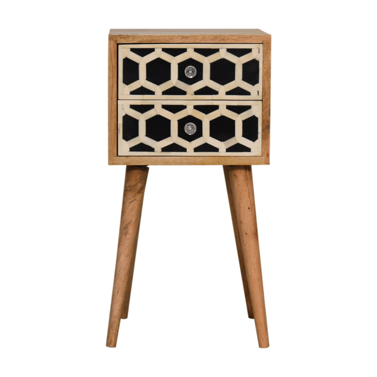 Artisan Furniture Solid Wood Mini Bone Inlay 2 Drawer Bedside | Luxury Home Accessories | Heulog Glow