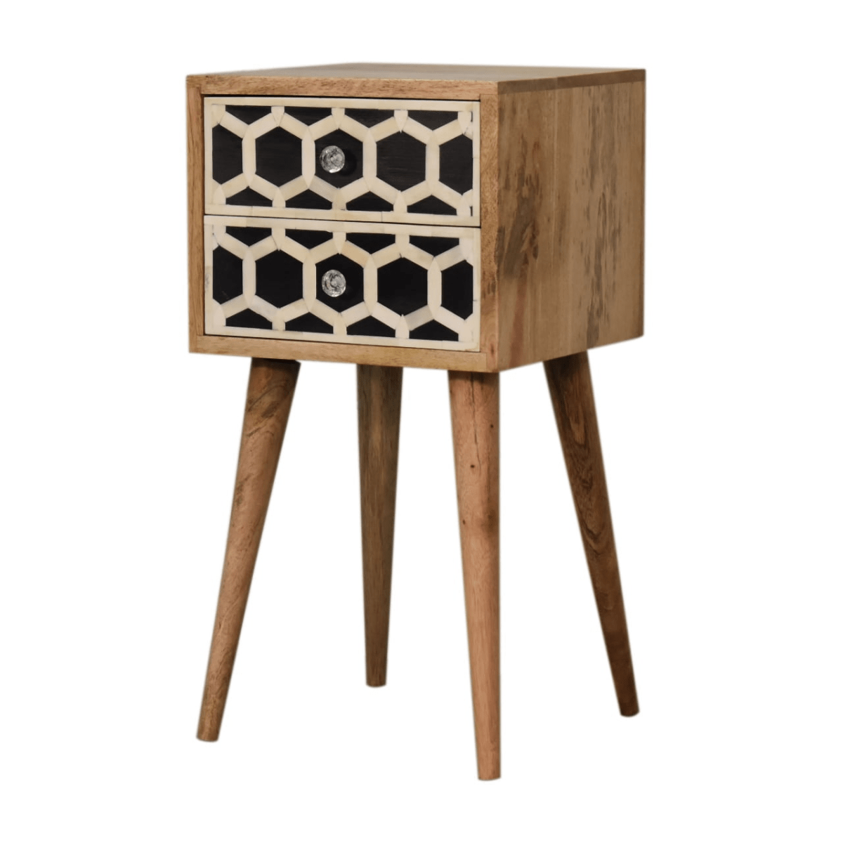 Artisan Furniture Solid Wood Mini Bone Inlay 2 Drawer Bedside | Luxury Home Accessories | Heulog Glow
