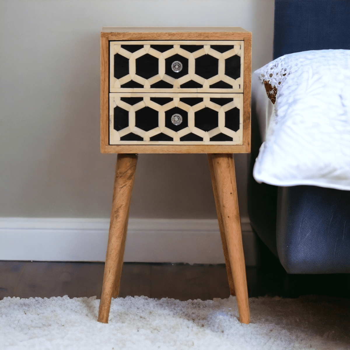 Artisan Furniture Solid Wood Mini Bone Inlay 2 Drawer Bedside | Luxury Home Accessories | Heulog Glow
