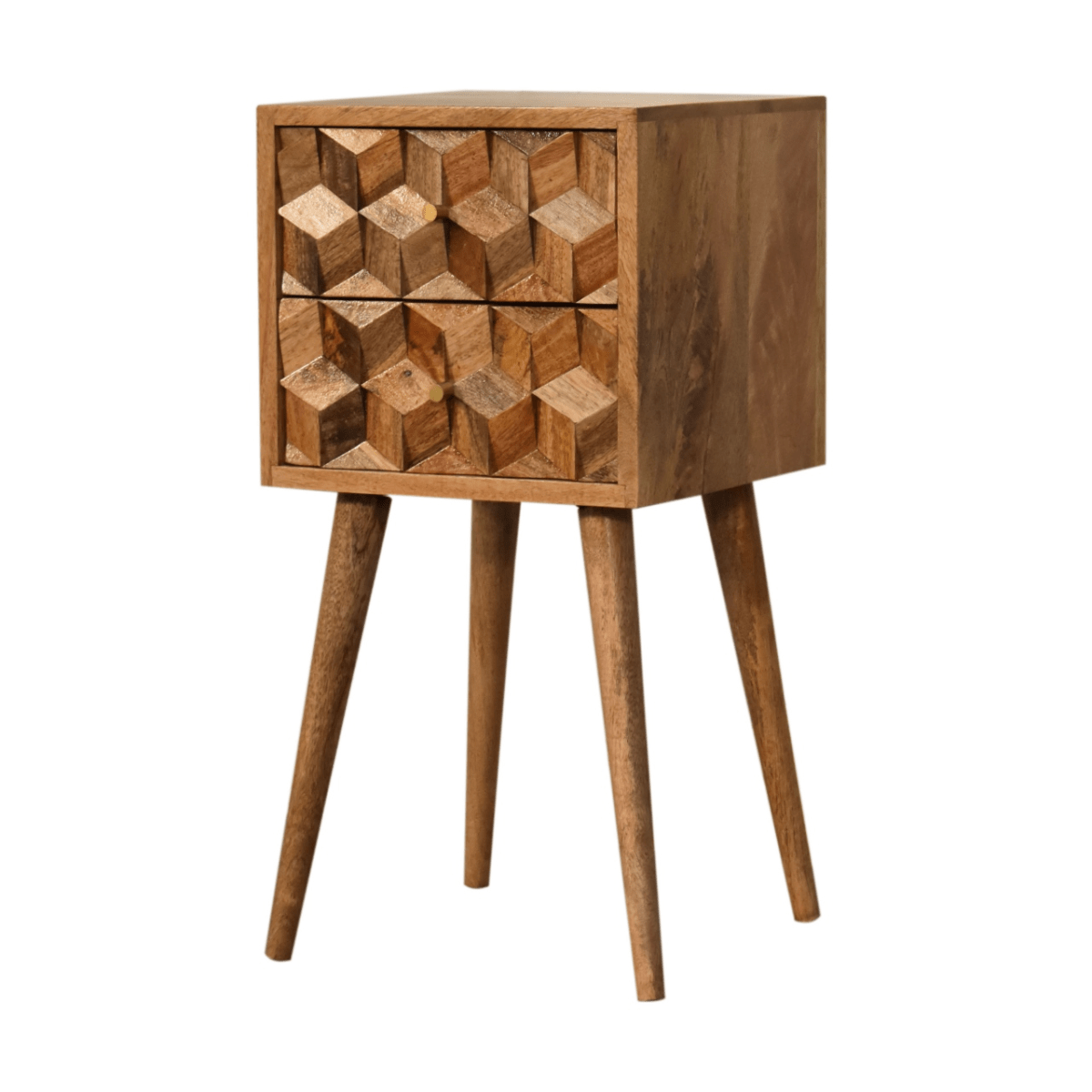 Artisan Furniture Solid Wood Mini Cube Carved 2 Drawer Bedside | Luxury Home Accessories | Heulog Glow
