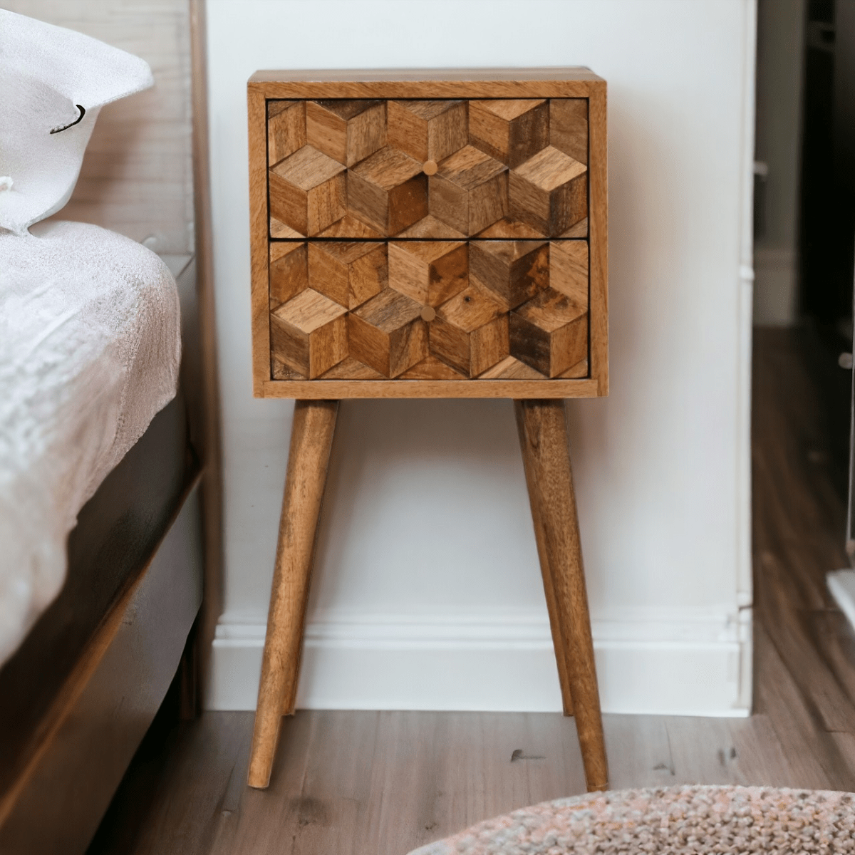 Artisan Furniture Solid Wood Mini Cube Carved 2 Drawer Bedside | Luxury Home Accessories | Heulog Glow