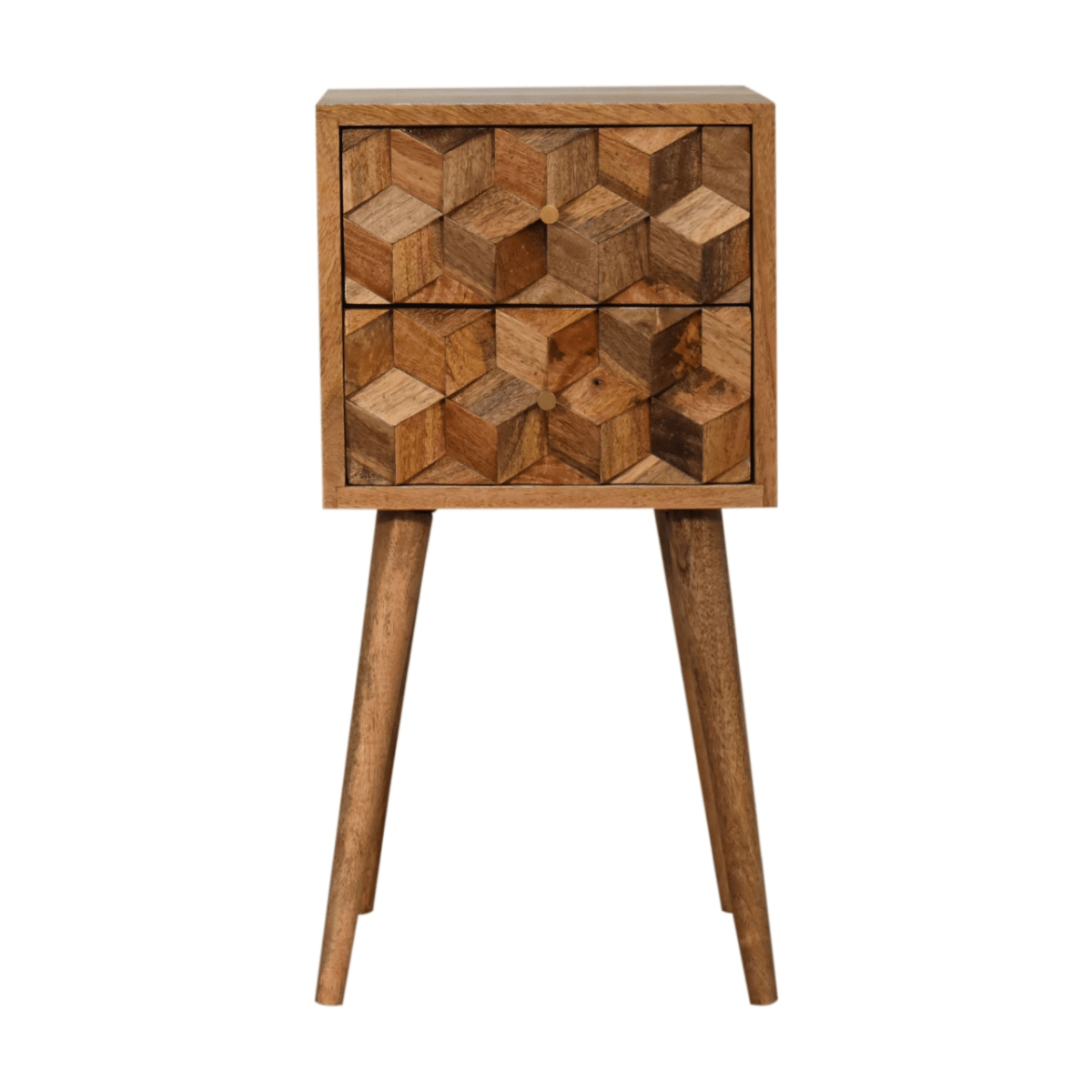 Artisan Furniture Solid Wood Mini Cube Carved 2 Drawer Bedside | Luxury Home Accessories | Heulog Glow