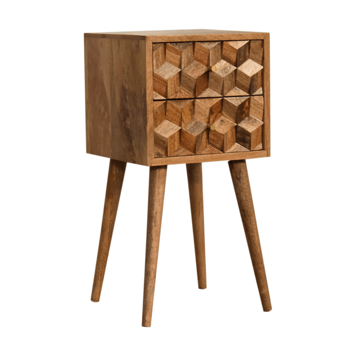Artisan Furniture Solid Wood Mini Cube Carved 2 Drawer Bedside | Luxury Home Accessories | Heulog Glow