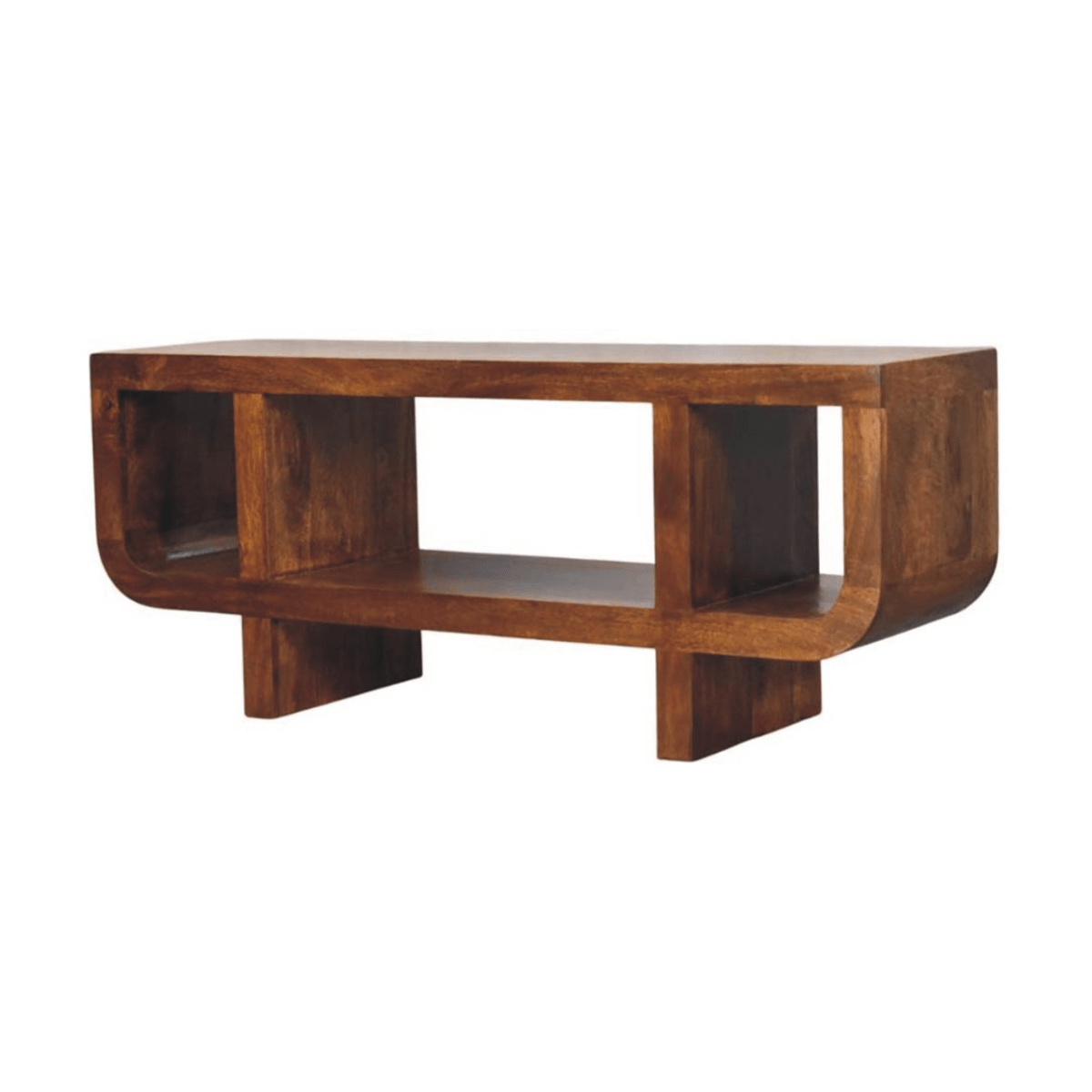 Artisan Furniture Solid Wood Orion Curved Chestnut Media Unit, 3 Open Shelves, Dark Brown | Luxury Home Accessories | Heulog Glow