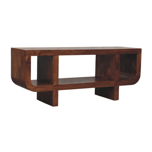 Artisan Furniture Solid Wood Orion Curved Chestnut Media Unit, 3 Open Shelves, Dark Brown | Luxury Home Accessories | Heulog Glow