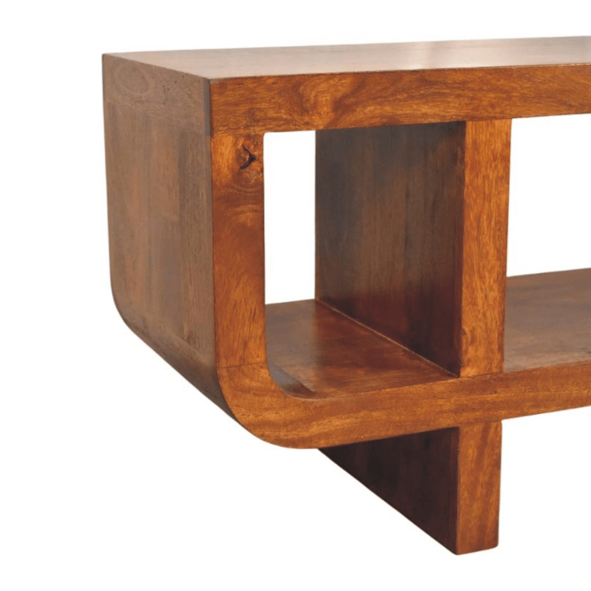 Artisan Furniture Solid Wood Orion Curved Chestnut Media Unit, 3 Open Shelves, Dark Brown | Luxury Home Accessories | Heulog Glow