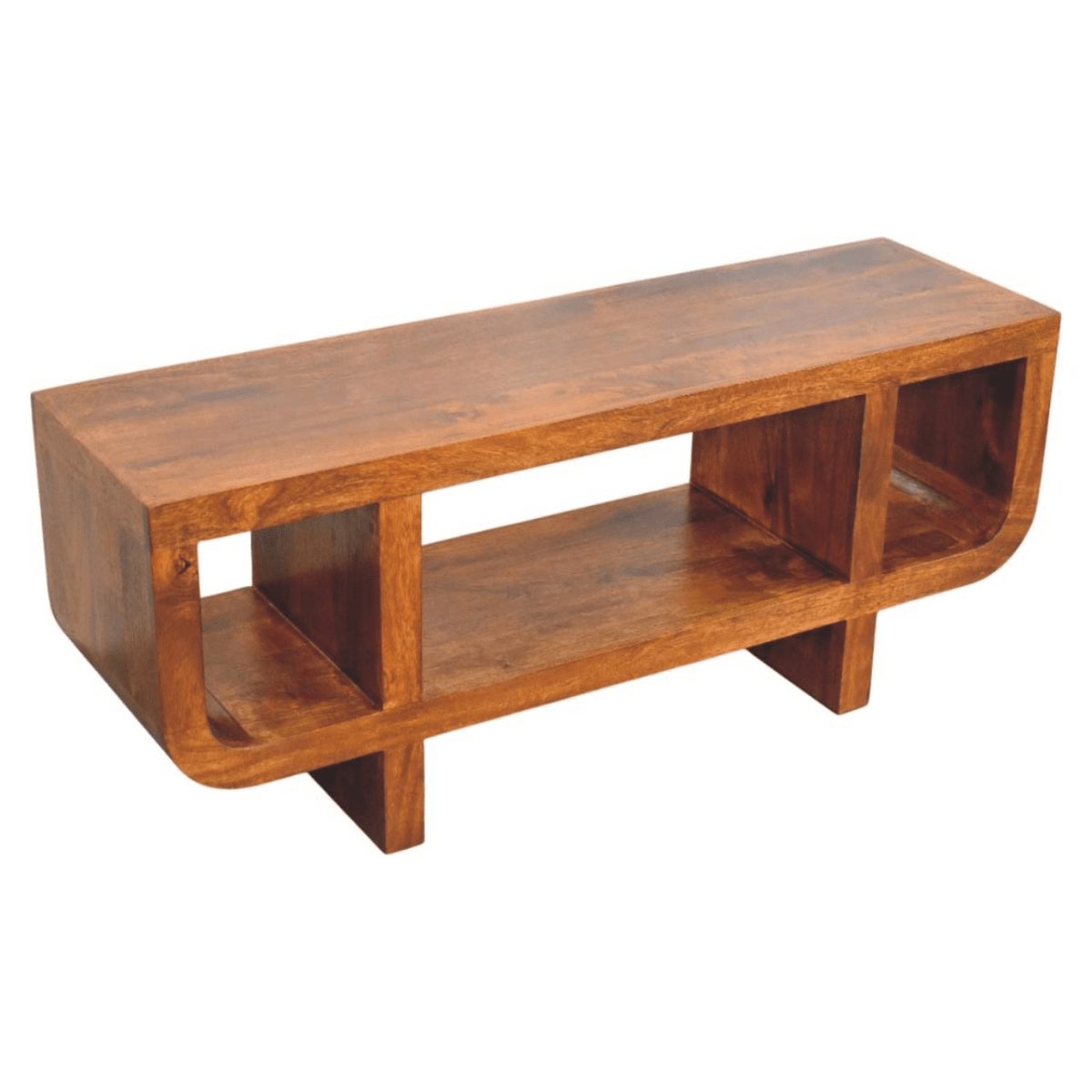Artisan Furniture Solid Wood Orion Curved Chestnut Media Unit, 3 Open Shelves, Dark Brown | Luxury Home Accessories | Heulog Glow