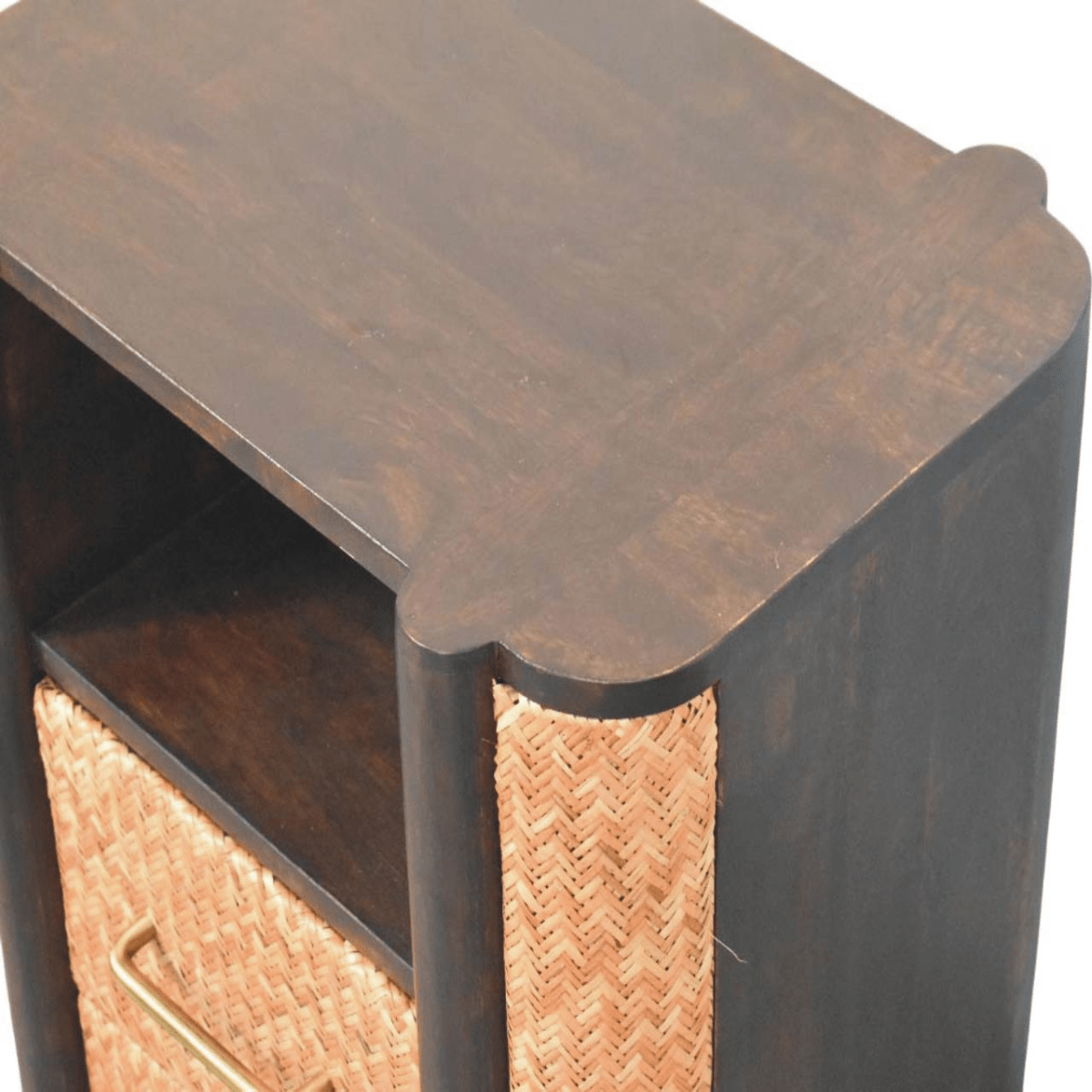 Artisan Furniture Solid Wood Rattan Curve Edge Nightstand, 2 Drawers, 1 Shelf, Brown | Luxury Home Accessories | Heulog Glow