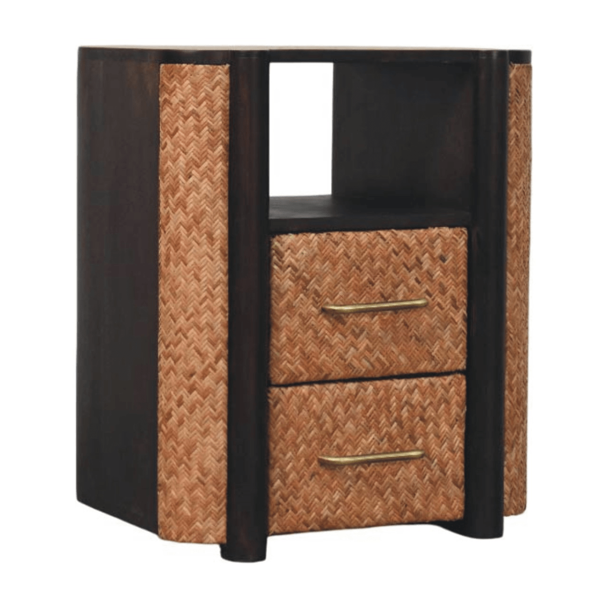 Artisan Furniture Solid Wood Rattan Curve Edge Nightstand, 2 Drawers, 1 Shelf, Brown | Luxury Home Accessories | Heulog Glow