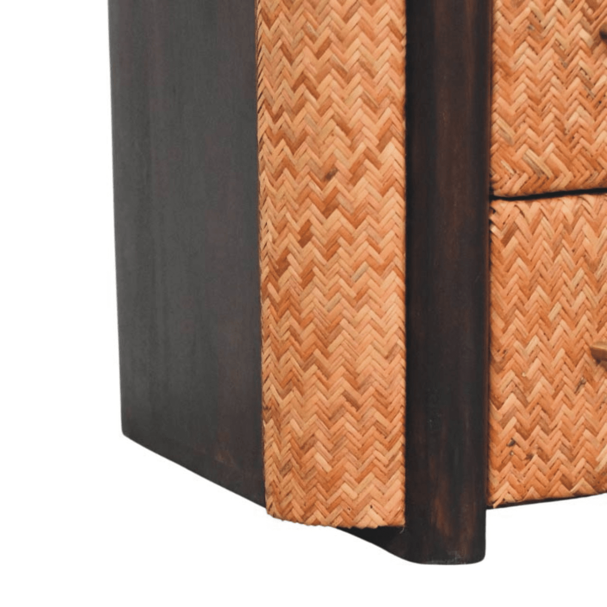 Artisan Furniture Solid Wood Rattan Curve Edge Nightstand, 2 Drawers, 1 Shelf, Brown | Luxury Home Accessories | Heulog Glow