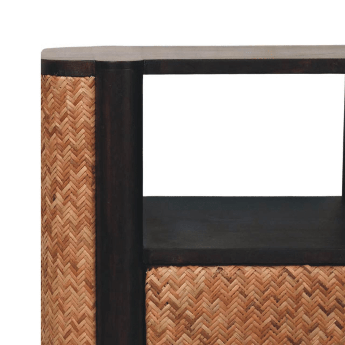 Artisan Furniture Solid Wood Rattan Curve Edge Nightstand, 2 Drawers, 1 Shelf, Brown | Luxury Home Accessories | Heulog Glow