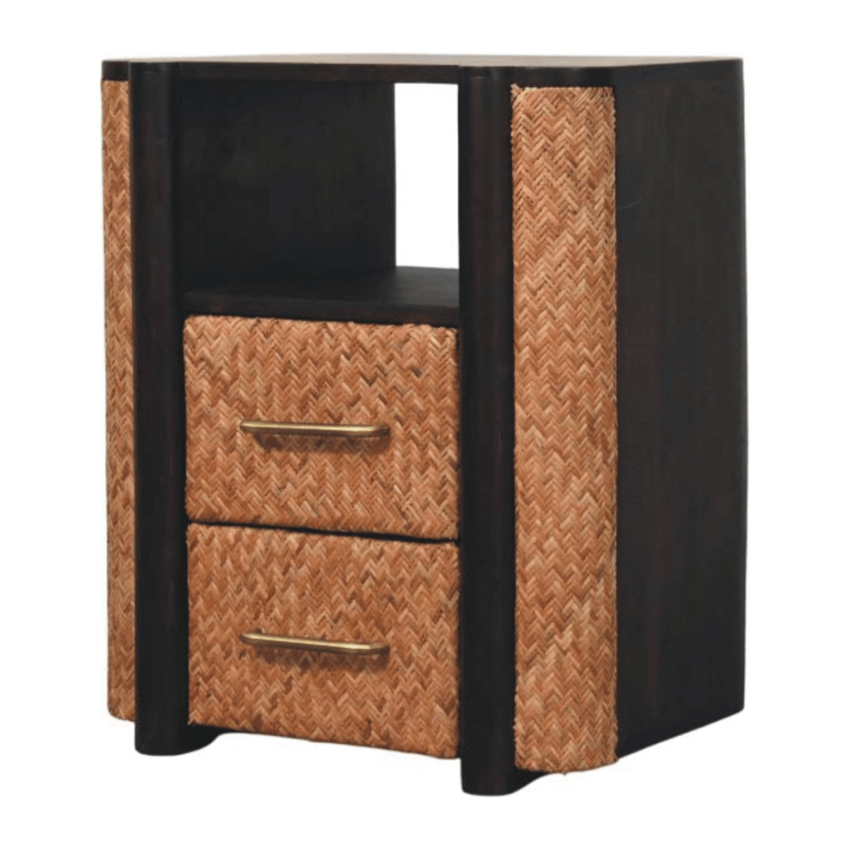 Artisan Furniture Solid Wood Rattan Curve Edge Nightstand, 2 Drawers, 1 Shelf, Brown | Luxury Home Accessories | Heulog Glow
