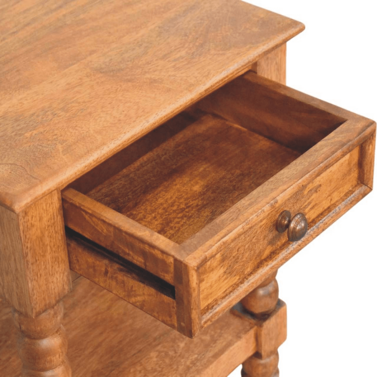 Artisan Furniture Solid Wood Spindle Bedside, 1 Drawer, 1 Shelf, Brown | Luxury Home Accessories | Heulog Glow