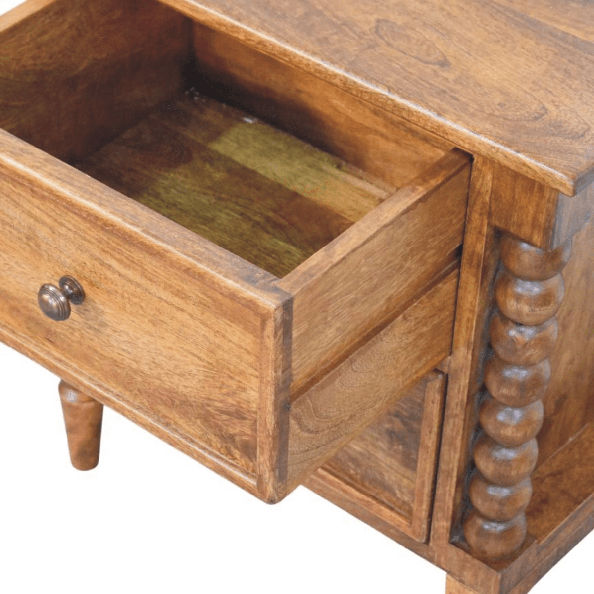 Artisan Furniture Solid Wood Spindle Leg Amber Oak Nightstand, 2 Drawers, Brown | Luxury Home Accessories | Heulog Glow
