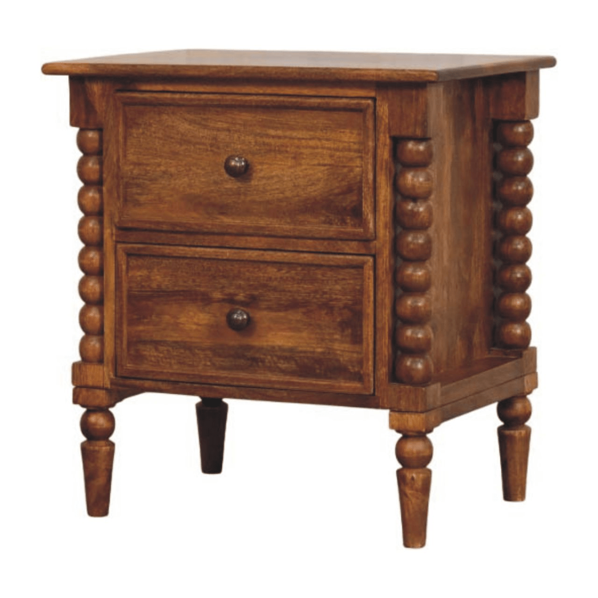 Artisan Furniture Solid Wood Spindle Leg Amber Oak Nightstand, 2 Drawers, Brown | Luxury Home Accessories | Heulog Glow