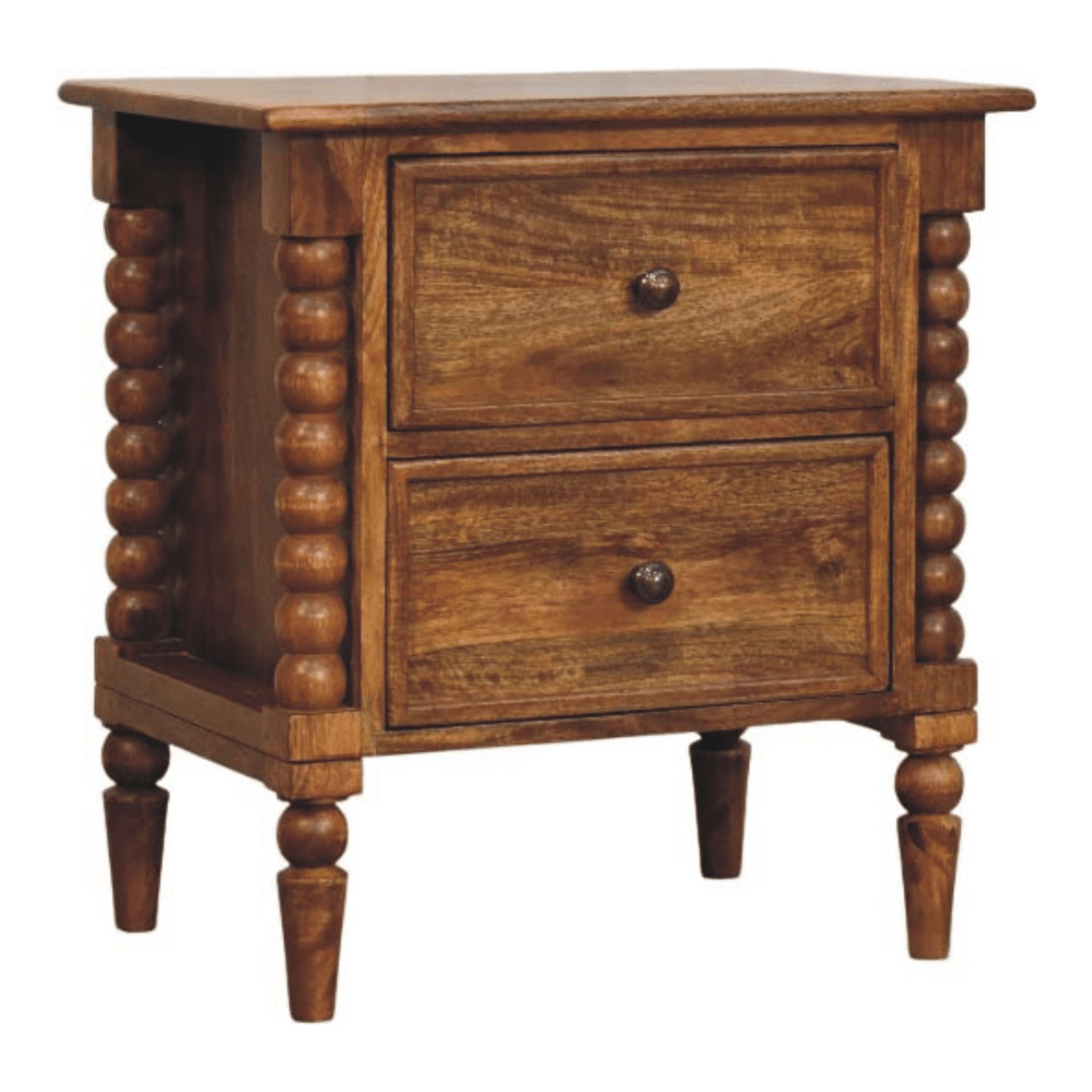 Artisan Furniture Solid Wood Spindle Leg Amber Oak Nightstand, 2 Drawers, Brown | Luxury Home Accessories | Heulog Glow