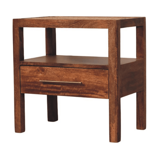 Artisan Furniture Solid Wood The Caldera Bedside Stand, 1 Drawer, 1 Shelf, Brown | Luxury Home Accessories | Heulog Glow