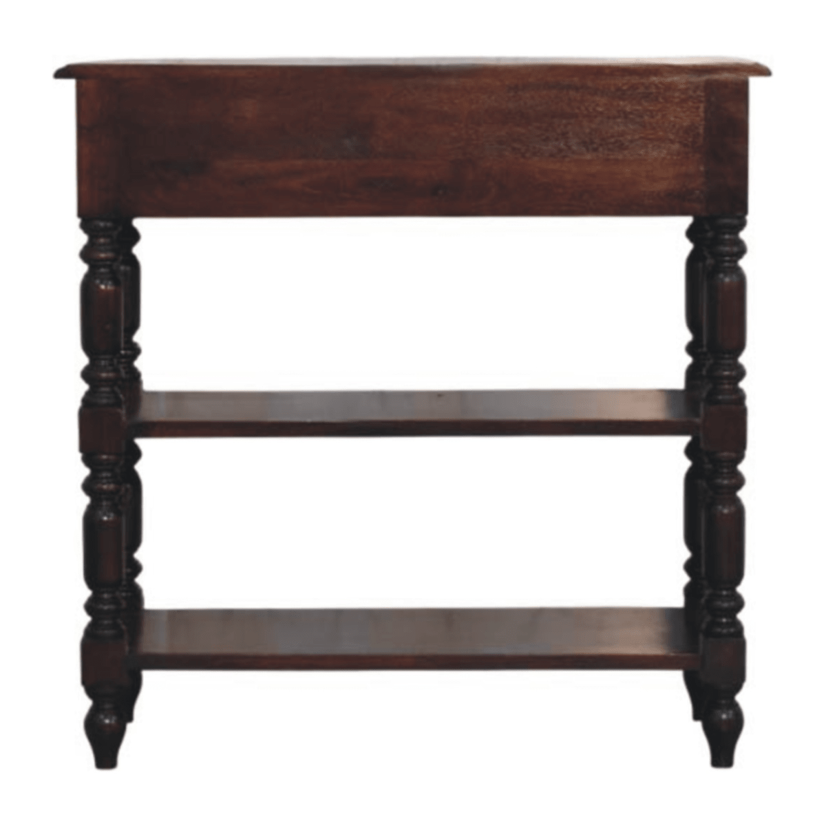 Artisan Furniture Solid Wood Turned legs Cherry Side Table, 2 Drawers, 2 Shelves, Dark Brown | Luxury Home Accessories | Heulog Glow