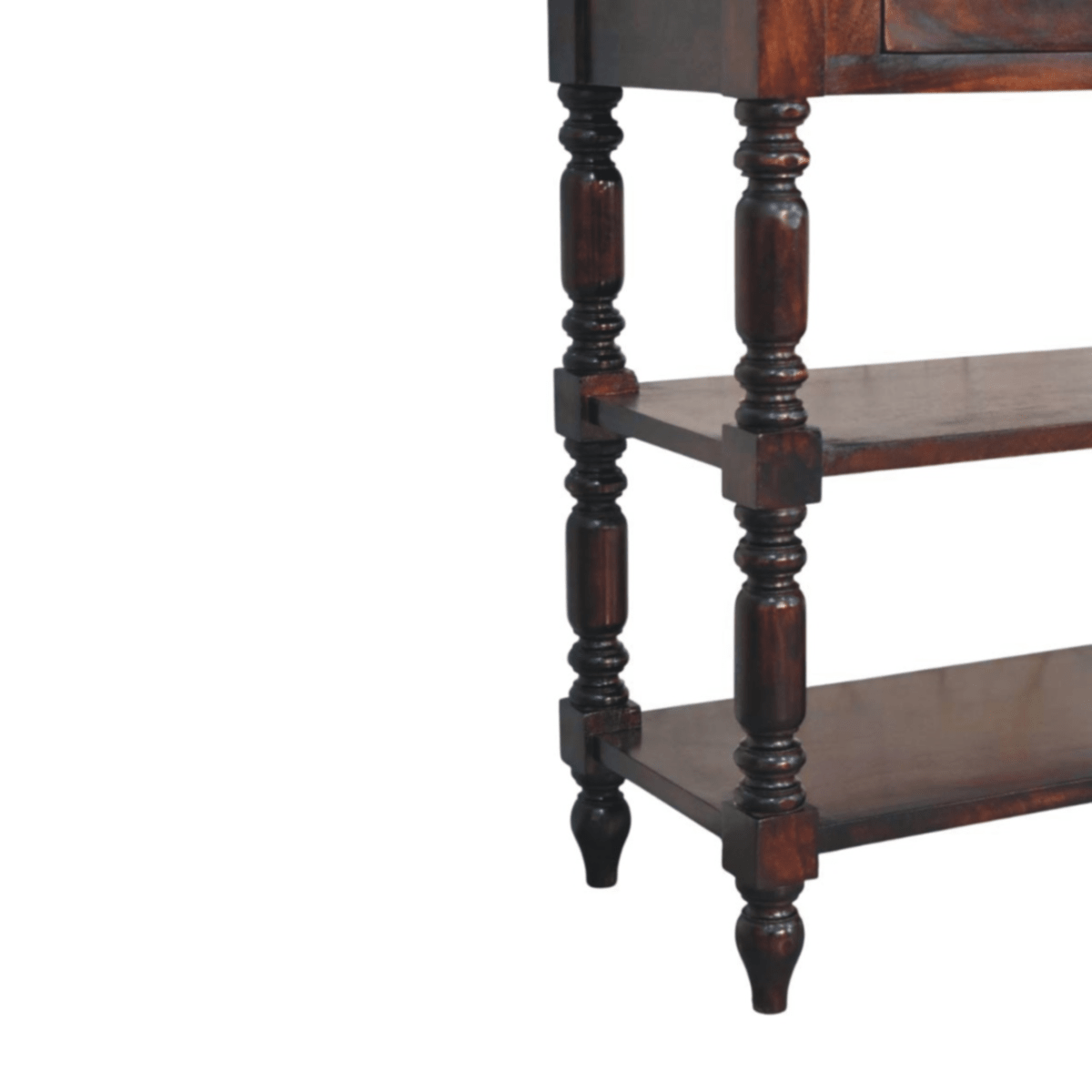 Artisan Furniture Solid Wood Turned legs Cherry Side Table, 2 Drawers, 2 Shelves, Dark Brown | Luxury Home Accessories | Heulog Glow