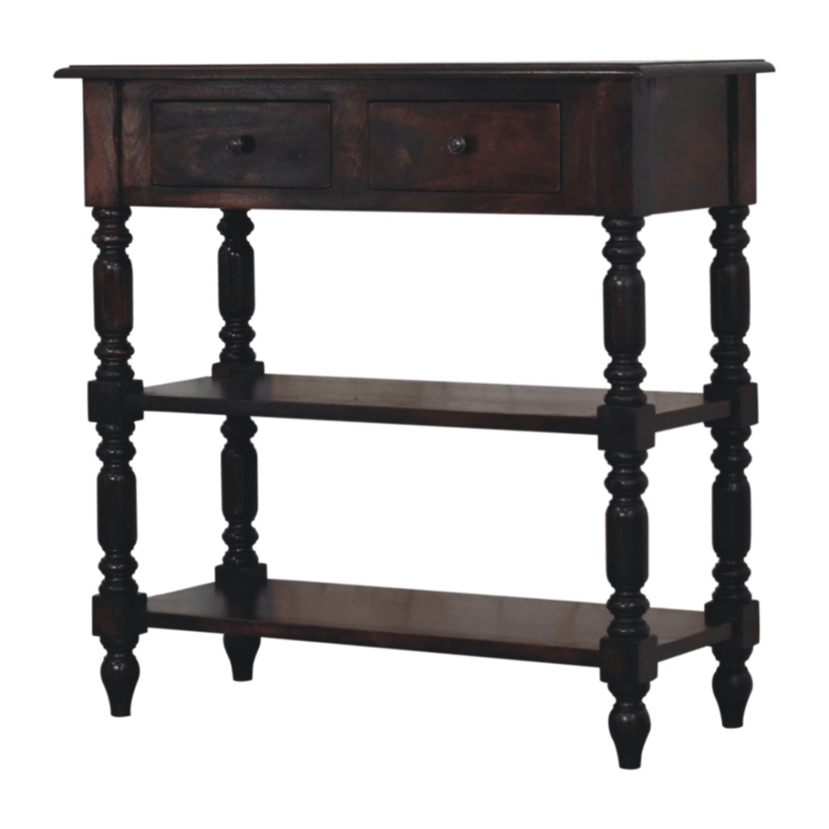 Artisan Furniture Solid Wood Turned legs Cherry Side Table, 2 Drawers, 2 Shelves, Dark Brown | Luxury Home Accessories | Heulog Glow