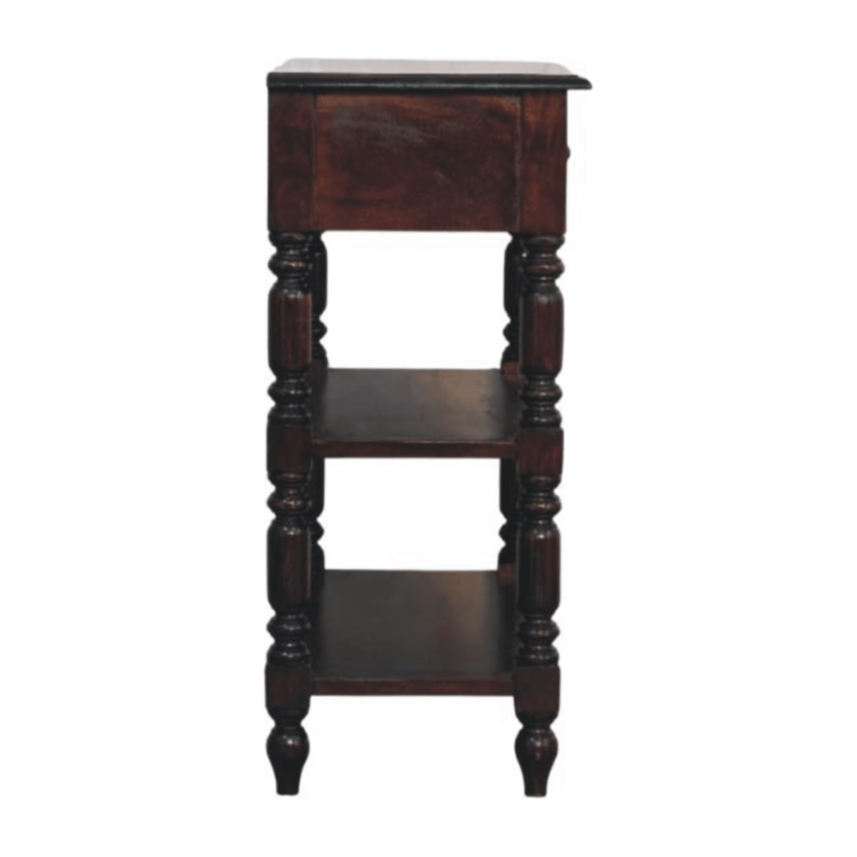 Artisan Furniture Solid Wood Turned legs Cherry Side Table, 2 Drawers, 2 Shelves, Dark Brown | Luxury Home Accessories | Heulog Glow
