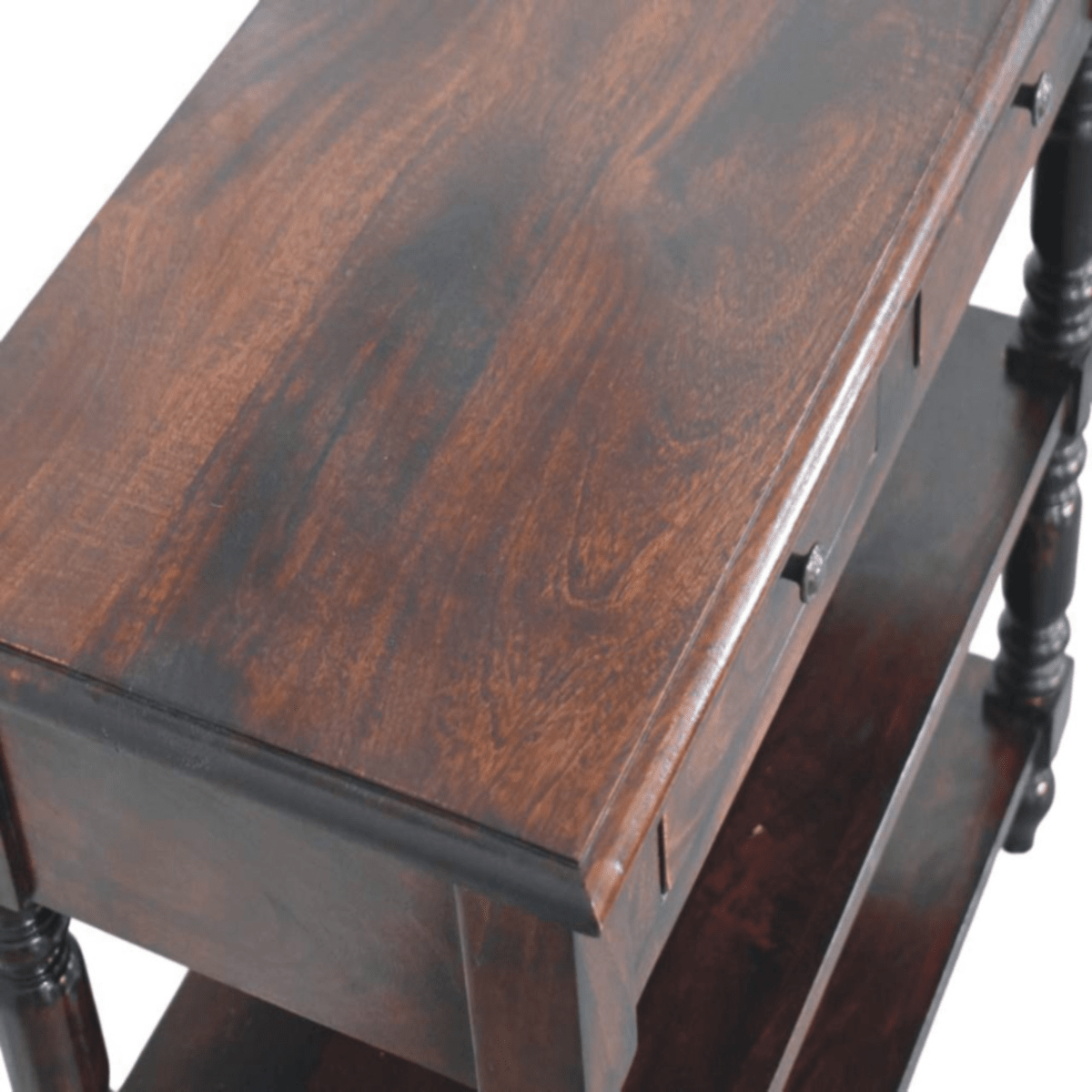 Artisan Furniture Solid Wood Turned legs Cherry Side Table, 2 Drawers, 2 Shelves, Dark Brown | Luxury Home Accessories | Heulog Glow