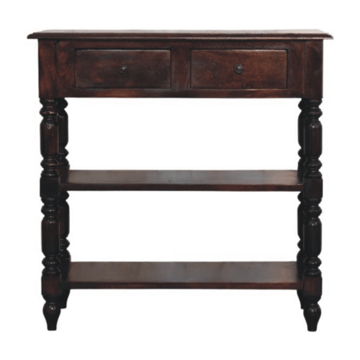 Artisan Furniture Solid Wood Turned legs Cherry Side Table, 2 Drawers, 2 Shelves, Dark Brown | Luxury Home Accessories | Heulog Glow