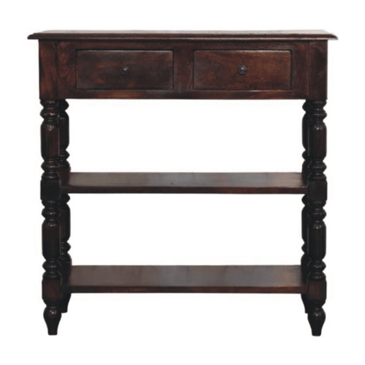 Artisan Furniture Solid Wood Turned legs Cherry Side Table, 2 Drawers, 2 Shelves, Dark Brown | Luxury Home Accessories | Heulog Glow