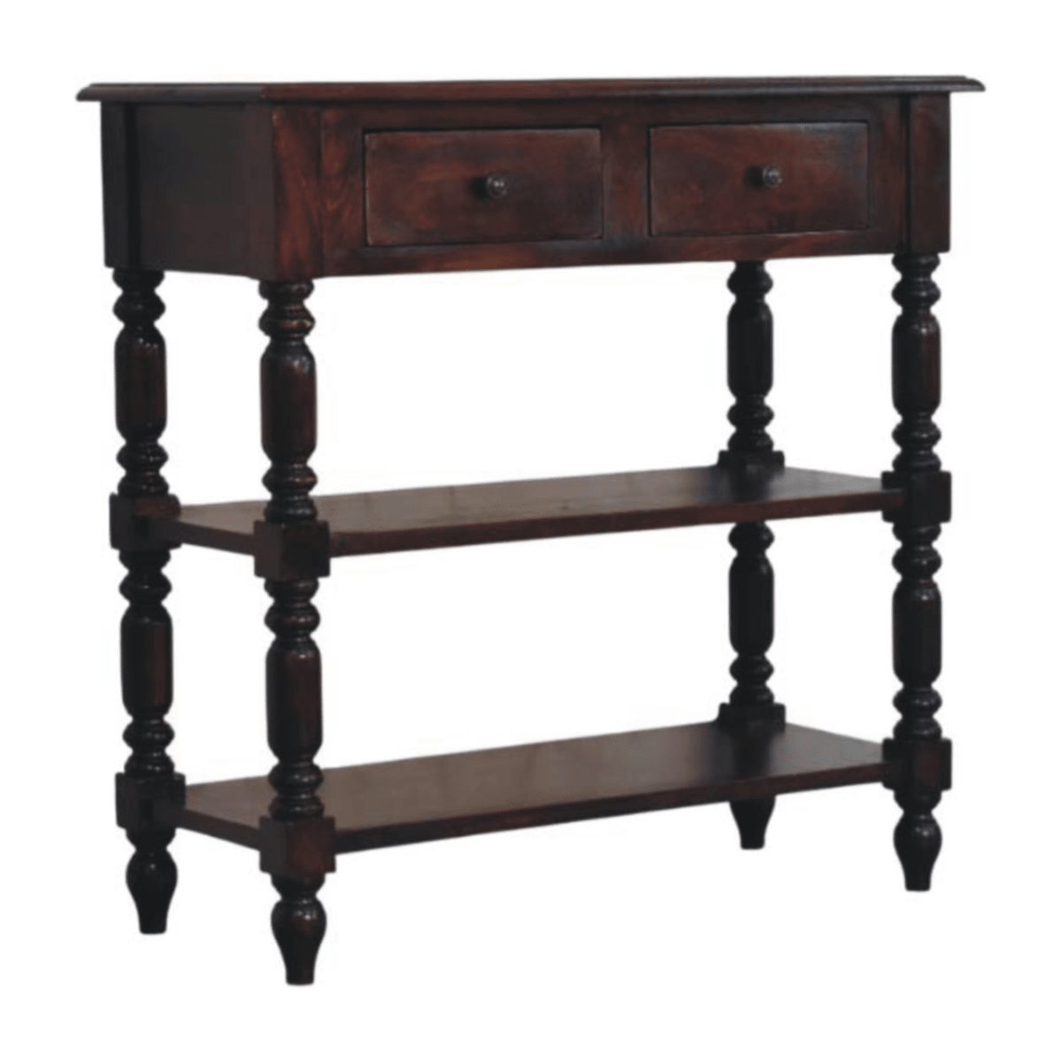 Artisan Furniture Solid Wood Turned legs Cherry Side Table, 2 Drawers, 2 Shelves, Dark Brown | Luxury Home Accessories | Heulog Glow
